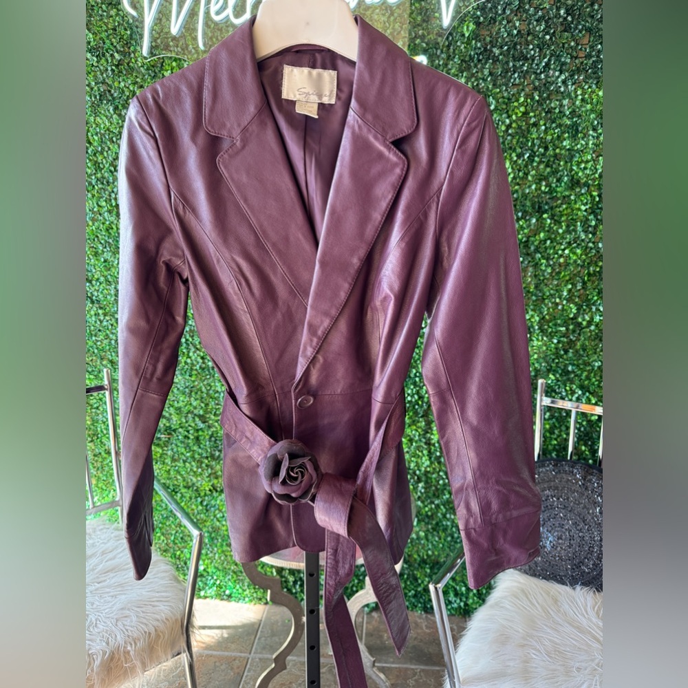 Vintage Spiegel Purple Leather Button Sash Tie Front Pocket Jacket Blazer Sz4